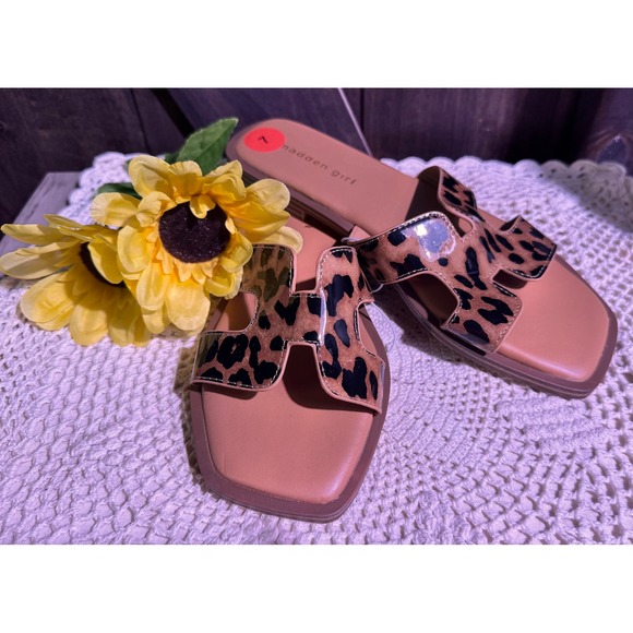 Madden Girl Leopard Print Square Toe Slide Sandals Size 7 - Picture 1 of 5